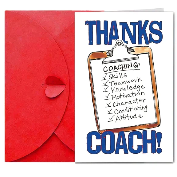 Thanks Coach Greeting Card Cheerful Coaching Checklist Design Blank Inside for Personalized Messages Includes Envelope Perfect Thank You Gift for Coaches
