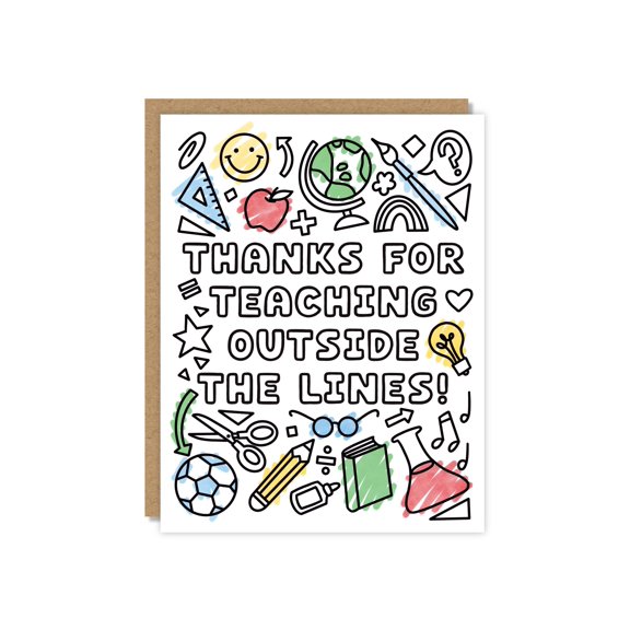 Thanks For Teaching Outside The Lines Teacher Appreciation Card, Whimsical Classroom Doodles Design for Educators and School Staff with Envelope