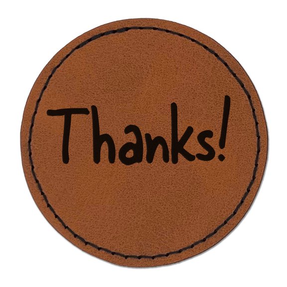 Thanks Fun Text 2.5" Faux Leather Round Engraved Iron-On Patch - Brown