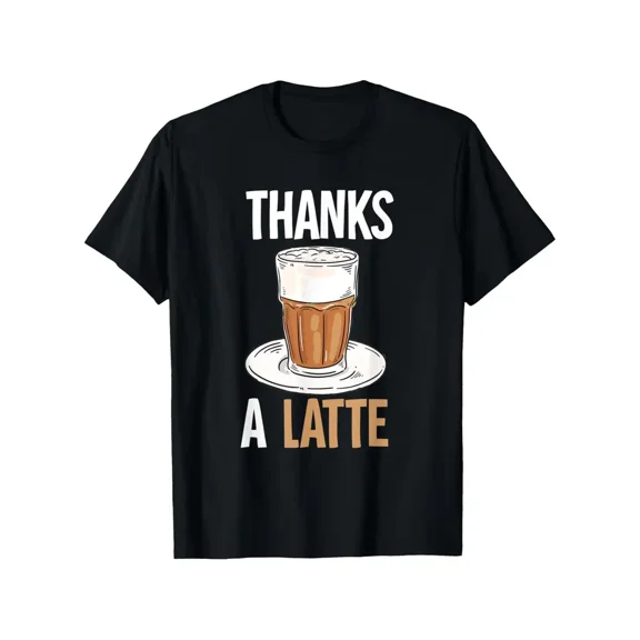 Thanks A Latte Coffee T-Shirt - Cute Calf & Coffee Cup Graphic Tee, Funny Gift for &, Lightweight Short Sleeve Shirt for Cafe Lovers, Machine Washable Casual Wear