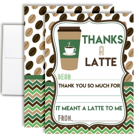 Thanks a Latte Green & Brown Birthday Thank You Cards for Kids – 10 Cards with Envelopes – 4.5x5 Fill In the Blank Thank You Notes, Kids Birthday Party Stationery by Amanda Creation