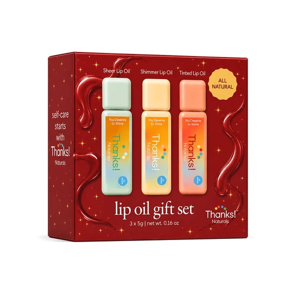 Thanks! Naturals Holiday Lip Oil Gift Set, Hydrating Sheer, Tinted & Shimmer Lip Oils with Vitamin E, 3 Count