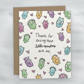 Thanks for Raising These Little Monsters Greeting Card, Cute Colorful Monster Illustration for Partner or Parent, Whimsical Hand-Drawn Design with Hearts, Kraft Envelope Included