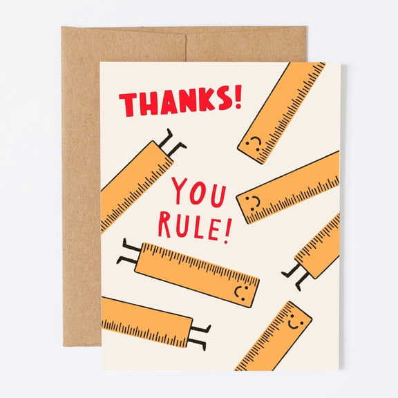 Thanks You Rule Greeting Card, Teacher Appreciation Stationery with Cute Ruler Illustration, Includes Kraft Envelope, Folded Thank You Note for School Staff or Coworkers