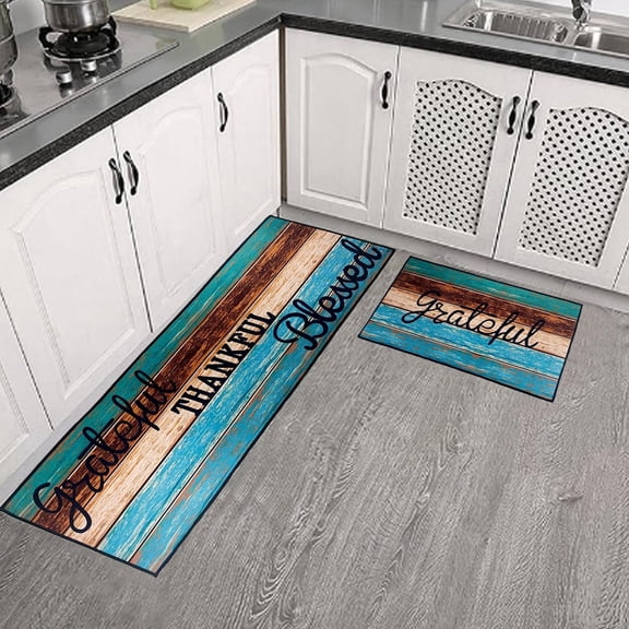 ThanksKitchen Rugs and Mats Non Skid Washable Absorbent Stain Resistant,Durable and Easy to Clean,Anti Fatigue Kitchen Rug Set of 2 Farmhouse Kitchen 16 x 31.5 in +16 x 47.3 in (Thankful-blue)