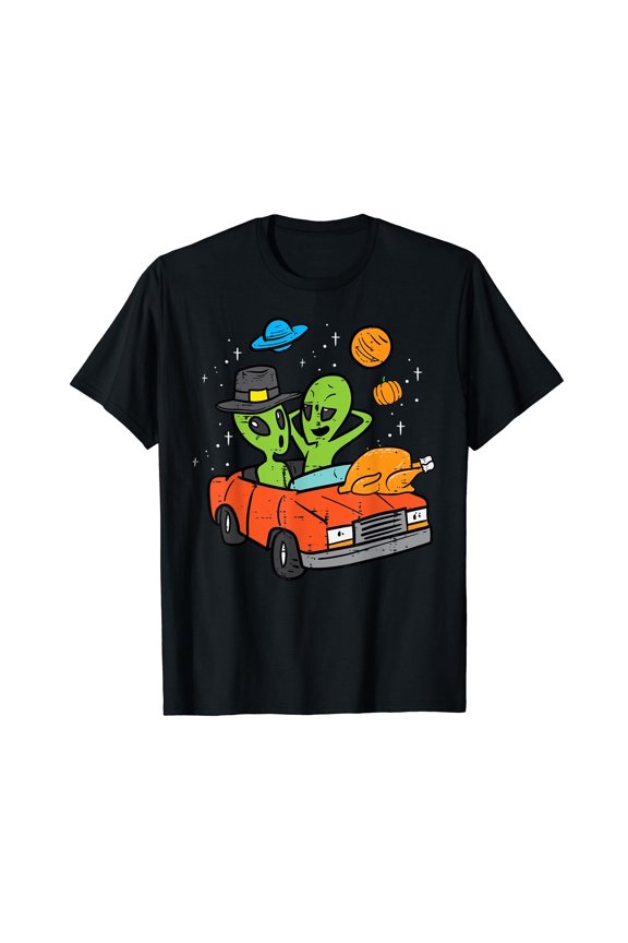 Thanksgiving 2 Aliens Turkey Car ET UFO Space Men Women T-Shirt
