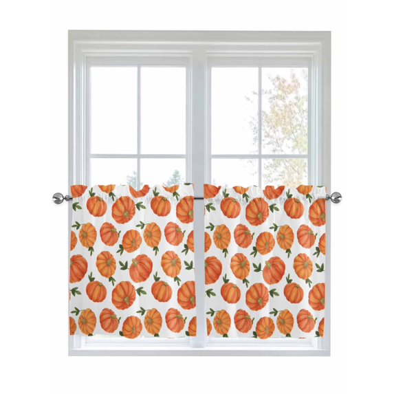 Thanksgiving 2 Panel Kitchen Curtains for Small Windows, Fall Orange Pumpkin Green Maple Leaves Bathroom Tier Curtain, Short Window Treatment for Bedroom/Living Room 55"x36"