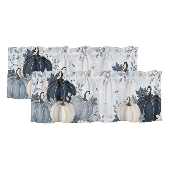 Thanksgiving 2 Panels Kitchen Valance, Fall Retro Dark Blue Beige Pumpkin Leaf Damask Pattern Curtains Valances for Small Windows Rod Pocket Window Treatments for Living Room Bedroom 42" W x 12" L