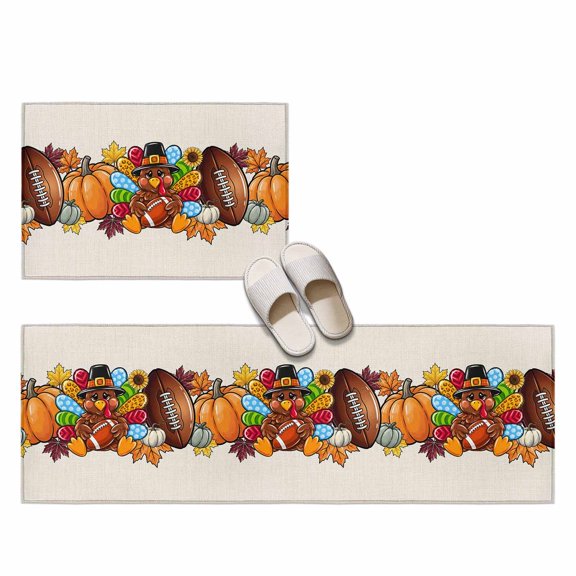 Thanksgiving 2 Pieces Non-Slip Kitchen Mat Set, Cute Turkey Sports Festival Football Fall Pumpkin Soft Door Mat with Rubber Backing, Dirtproof Rugs for Entrance Doorway, 19.7x31.5in+19.7x47.2in