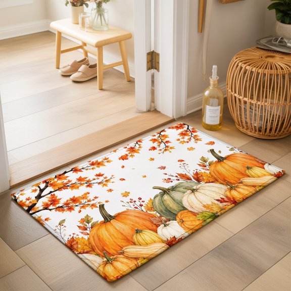 Thanksgiving 2'x3' Small Rugs for Entryway Front Door Kitchen Sink Area, Fall Country Harvest Orange Pumpkin Maple Leaf Berry Soft Sturdy Mats Washable Non Slip Rectangle Area Rug