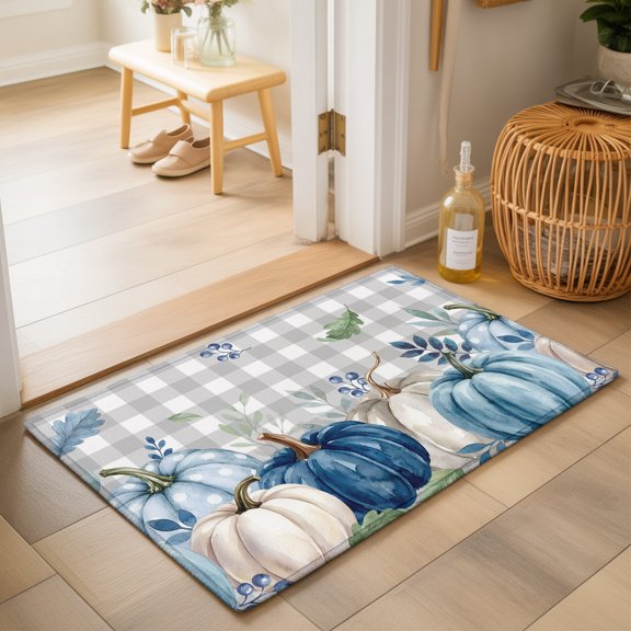Thanksgiving 2'x3' Small Rugs for Entryway Front Door Kitchen Sink Area, Fall Farmhouse Pumpkins Leaf Berry Grey White Plaid Soft Sturdy Mats Washable Non Slip Rectangle Area Rug