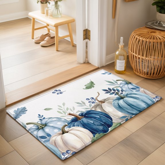Thanksgiving 2'x3' Small Rugs for Entryway Front Door Kitchen Sink Area, Fall Farmhouse Rustic Blue White Pumpkins Leaf Berry Soft Sturdy Mats Washable Non Slip Rectangle Area Rug