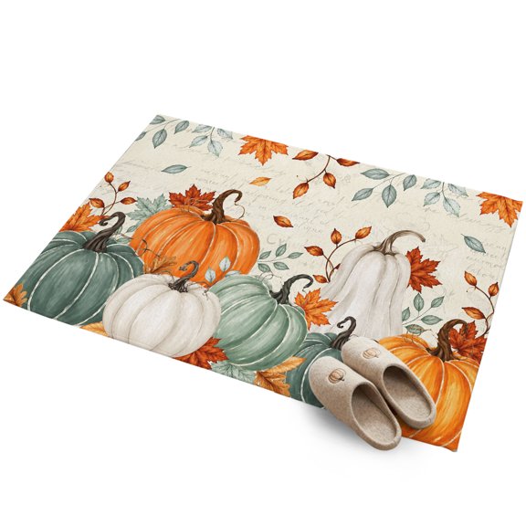 Thanksgiving 2'x3' Small Rugs for Entryway Front Door Kitchen Sink Area, Fall Green Beige Pumpkin Orange Leaf Beige Rustic Soft Sturdy Mats Washable Non Slip Rectangle Area Rug