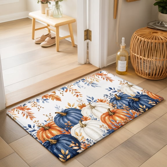 Thanksgiving 2'x3' Small Rugs for Entryway Front Door Kitchen Sink Area, Fall Harvest Orange Blue White Pumpkins Leaf Berry Soft Sturdy Mats Washable Non Slip Rectangle Area Rug