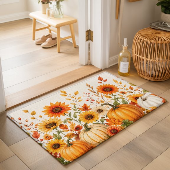 Thanksgiving 2'x3' Small Rugs for Entryway Front Door Kitchen Sink Area, Fall Orange Pumpkin Sunflower Rustic Country Linen Texture Soft Sturdy Mats Washable Non Slip Rectangle Area Rug