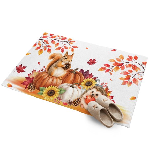 Thanksgiving 2'x3' Small Rugs for Entryway Front Door Kitchen Sink Area, Fall Sitting Squirrel Hedgehog Orange Pumpkins Floower Soft Sturdy Mats Washable Non Slip Rectangle Area Rug