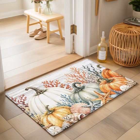 Thanksgiving 2'x3' Small Rugs for Entryway Front Door Kitchen Sink Area, Orange Harvest Pumpkin Fall Ocean Seaweed Wood Soft Sturdy Mats Washable Non Slip Rectangle Area Rug
