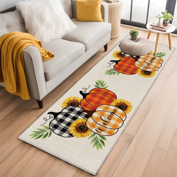 Thanksgiving 2'x6' Runner Rugs for Hallway Kitchen Bedside Non Slip, Fall Rustic Colorful Plaid Pumpkin Sunflower Entryway Rug Runners with Rubber Backing, Long Carpet Runner for Laundry Room