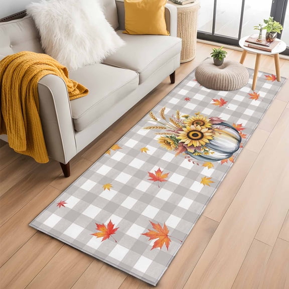 Thanksgiving 2'x6' Runner Rugs for Hallway Kitchen Bedside Non Slip, Fall White Pumpkin Sunflowers Maple Leaf Plaid Entryway Rug Runners with Rubber Backing, Long Carpet Runner for Laundry Room