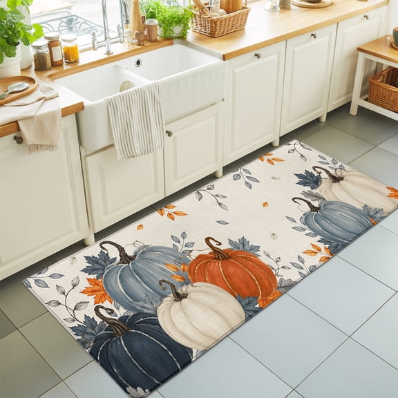 Thanksgiving 2'x6' Runner Rugs for Hallway Walkway Kitchen Galley, Fall Retro Orange Blue Beige Pumpkin Leaf Linen Texture Soft Sturdy Washable Mats Non Slip Long Corridor Area Rug