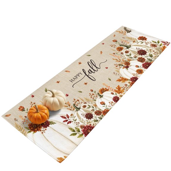 Thanksgiving 2'x6' Runner Rugs for Hallway Walkway Kitchen Galley, Fall White Pumpkin Red Maroon Dahlia Linen Texture Soft Sturdy Washable Mats Non Slip Long Corridor Area Rug