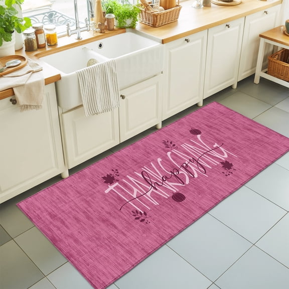 Thanksgiving 2'x6' Runner Rugs for Hallway Walkway Kitchen Galley, Happy Thanksgiving Script Plum Wine Backdrop Pumpkin Soft Sturdy Washable Mats Non Slip Long Corridor Area Rug