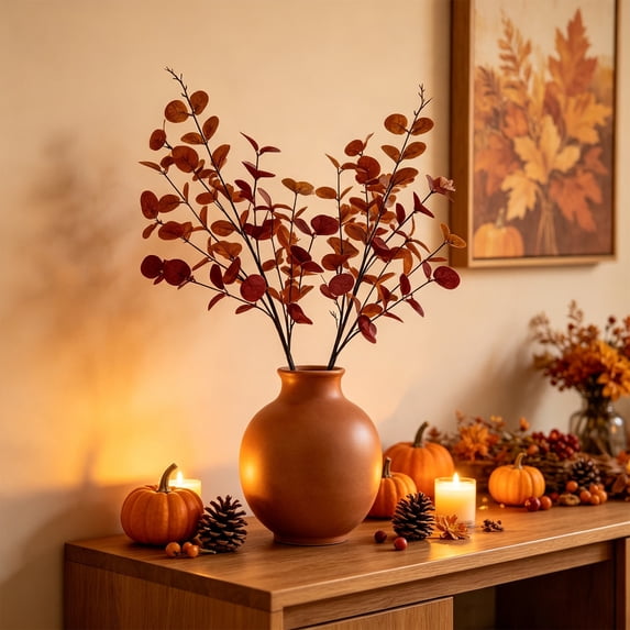 Thanksgiving 27.56 Inch Artificial Red Greenery 9-Fork Branch Insertion stems Faux Plastic plants for Vase Pot Landscape Flower Arrangements
