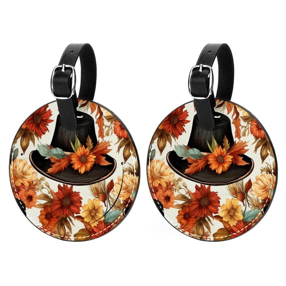 Thanksgiving 2Pcs PU Leather Round Luggage Tags with Privacy Cover and Name ID Tag for Suitcase, Handbags, Backpacks, School Bags