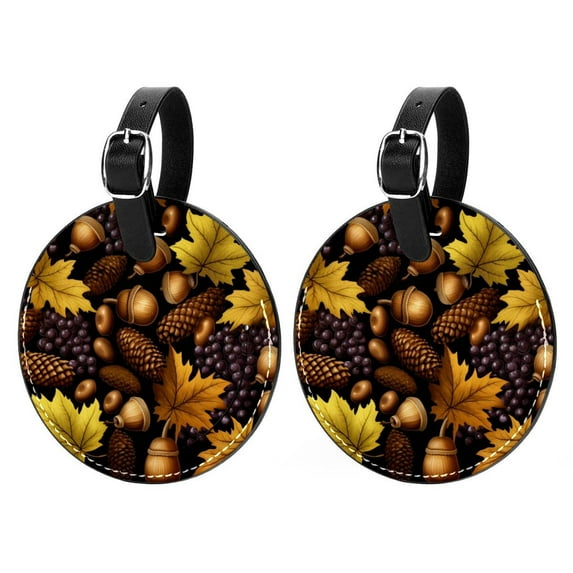 Thanksgiving 2Pcs PU Leather Round Luggage Tags with Privacy Cover and Name ID Tag for Suitcase, Handbags, Backpacks, School Bags