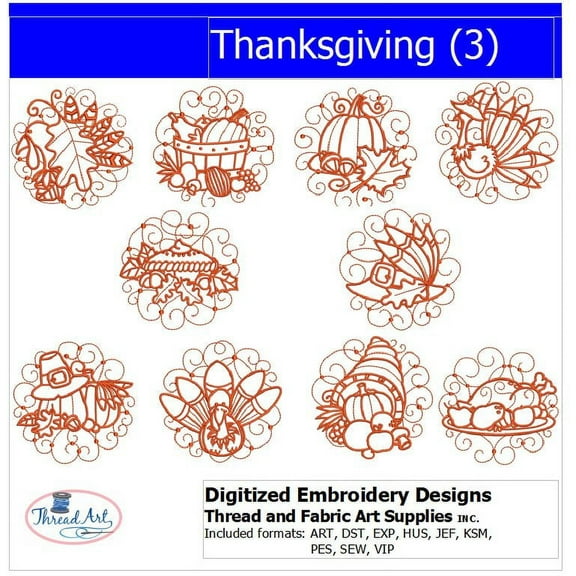 Thanksgiving(3) Embroidery Designs - All Popular Formats Included - Loaded on USB Stick
