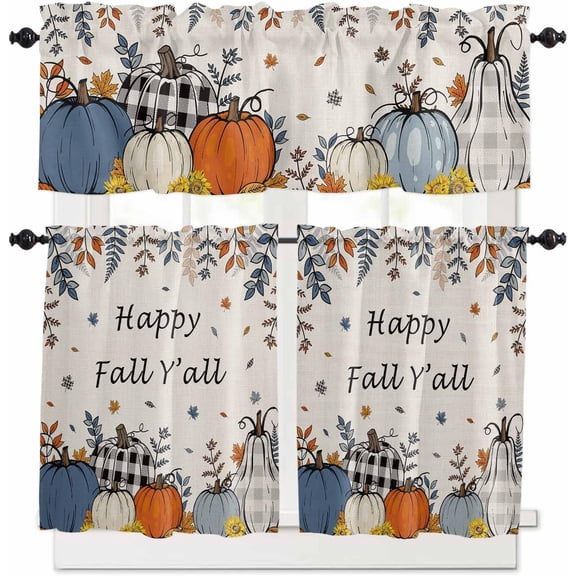 Thanksgiving 3 Piece Kitchen Curtains Tiers and Valances Set, Fall Orange Pumpkin Maple Leaves Sunflower Vintage Beige Rod Pocket Short Window Tiers Curtains Panel and Valance for Cafe Bathroom
