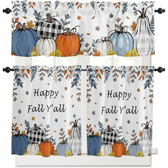 Thanksgiving 3 Piece Kitchen Curtains Tiers and Valances Set, Fall Orange Pumpkin Maple Leaves Sunflower Vintage Beige Rod Pocket Short Window Tiers Curtains Panel and Valance for Cafe Bathroom