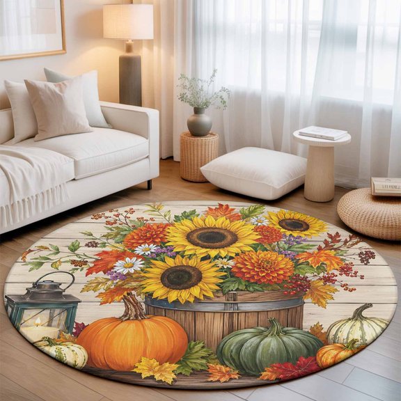 Thanksgiving 3' Round Rug for Bathroom Accent Bedside Corner, Fall Farm Harvest Orange Pumpkin Sunflower Maple Leaf Washable Non Slip Soft Circle Area Rug for Small Spaces Entryway