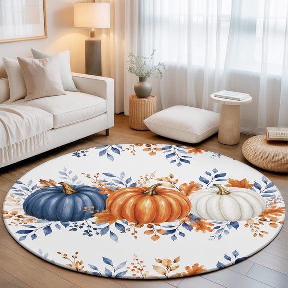 Thanksgiving 3' Round Rug for Bathroom Accent Bedside Corner, Fall Harvest Orange Blue White Pumpkins Maple Leaf Washable Non Slip Soft Circle Area Rug for Small Spaces Entryway