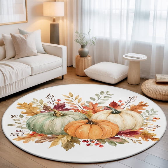 Thanksgiving 3' Round Rug for Bathroom Accent Bedside Corner, Fall Orange Green Pumpkin Maple Eucalyptus Leaf Washable Non Slip Soft Circle Area Rug for Small Spaces Entryway