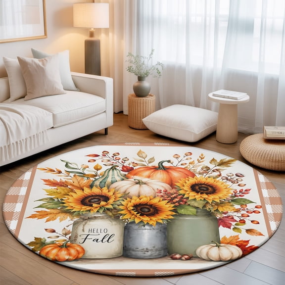 Thanksgiving 3' Round Rug for Bathroom Accent Bedside Corner, Hello Fall Harvest Pumpkin Sunflower Maple Leaves Plaid Washable Non Slip Soft Circle Area Rug for Small Spaces Entryway