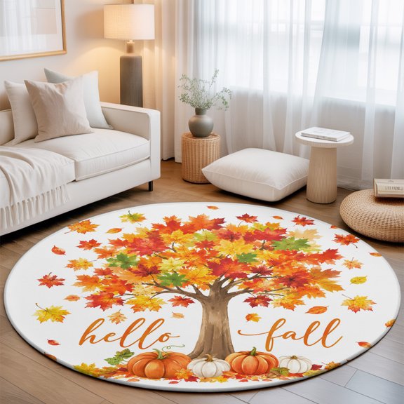 Thanksgiving 3' Round Rug for Bathroom Accent Bedside Corner, Hello Fall Orange Maple Tree Leaf Pumpkins Rustic Washable Non Slip Soft Circle Area Rug for Small Spaces Entryway