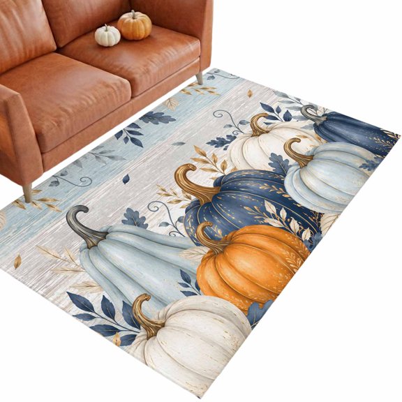 Thanksgiving 3'x5' Entryway Rugs for Bedroom Foot of Bedside Small Living Room, Fall Deep Navy White Blue Pumpkin Leaf Wooden Washable Mats Non Slip Rectangle Area Rug