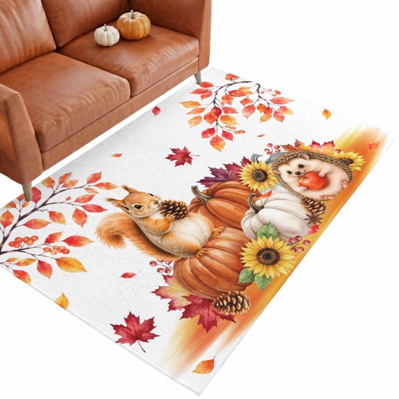 Thanksgiving 3'x5' Entryway Rugs for Bedroom Foot of Bedside Small Living Room, Fall Sitting Squirrel Hedgehog Orange Pumpkins Floower Washable Mats Non Slip Rectangle Area Rug