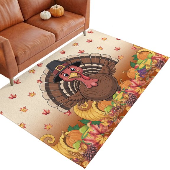 Thanksgiving 3'x5' Entryway Rugs for Bedroom Foot of Bedside Small Living Room, Fall Turkey Pumpkin Maple Leaf Vegetable Washable Mats Non Slip Rectangle Area Rug