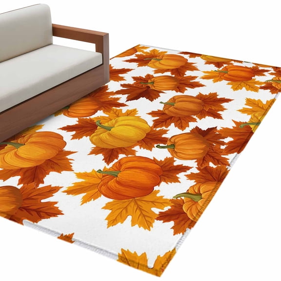 Thanksgiving 3'x5' Washable Rug, Fall Orange Pumpkin Maple Leaves Farmhouse Non-Slip Area Rugs for Entryway Kitchen Classroom, Dorm Throw Carpet, Low Pile Soft Indoor Floor Mat