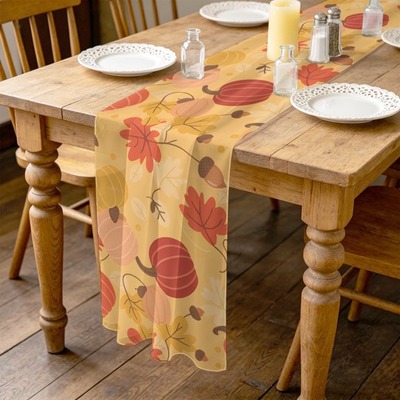Thanksgiving 4.5ft Cheesecloth Table Runner for Wedding 19"x55", Cartoon Pumpkin Maple Leaf Kitchen Dinner Sheer Tulle Chiffon Dresser Scarf, Holiday Party Decorations
