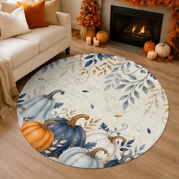Thanksgiving 4' Round Rugs for Cozy Reading Nook Home Office Chair Area, Fall Deep Navy White Blue Pumpkin Leaf Beige Backdop Washable Stain Proof Non Slip Circle Area Rug Home Soft Mats