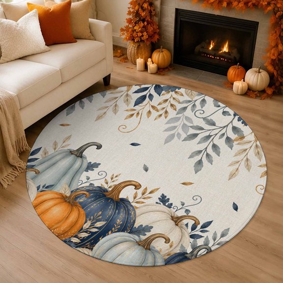 Thanksgiving 4' Round Rugs for Cozy Reading Nook Home Office Chair Area, Fall Deep Navy White Blue Pumpkin Leaf Linen Texture Washable Stain Proof Non Slip Circle Area Rug Home Soft Mats