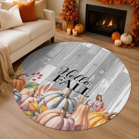 Thanksgiving 4' Round Rugs for Cozy Reading Nook Home Office Chair Area, Hello Fall Watercolor Pumpkin Wood Grain Washable Stain Proof Non Slip Circle Area Rug Home Soft Mats