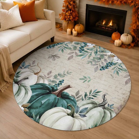 Thanksgiving 4' Round Rugs for Cozy Reading Nook Home Office Chair Area, Rustic Fall Green White Pumpkin Leaf Script Letter Washable Stain Proof Non Slip Circle Area Rug Home Soft Mats