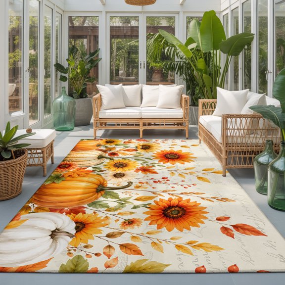 Thanksgiving 4'x6' Rugs for Living Dining Table Under Bedside Apartment, Fall Orange Pumpkin Sunflower Country Beige Script Washable Stain Proof Mat Non Slip Rectangle Area Rug