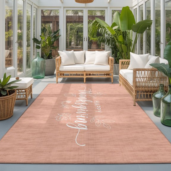 Thanksgiving 5'x7' Rugs for Living Room Sofa and Coffee Table Layout, Happy Thanksgiving Script Tan Backdrop Pumpkin Leaf Washable Stain Proof Non Slip Rectangle Play Area Rug