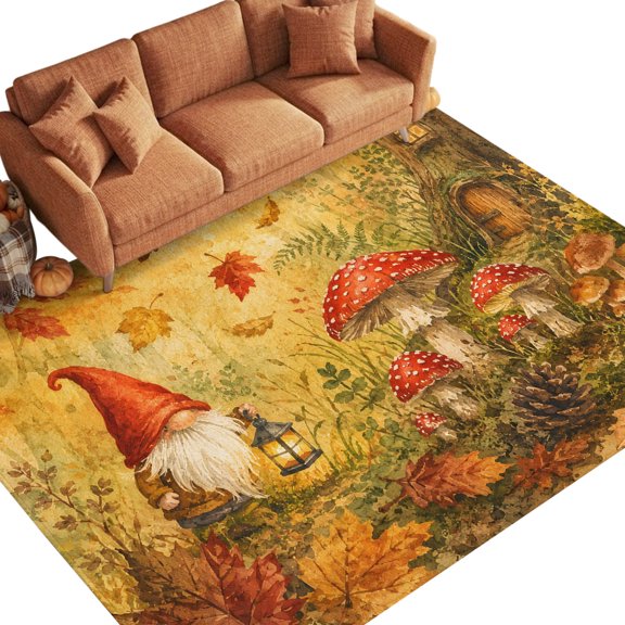 Thanksgiving 5'x8' Rugs for Bedroom Reading Nook Placement, Forest Gnome Toadstool Mushrooms Tree Hollow Rustic Washable Non Slip Large Rectangle Area Rug Under Dining Table