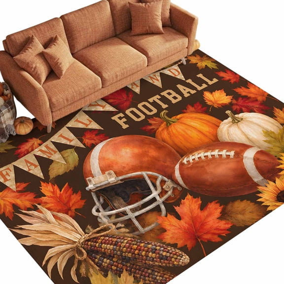 Thanksgiving 6'x9' Large Area Rugs Fall Sports Football Helmet Pumpkins Maple Leaf Washable Area Rugs Non-Slip Indoor Floor Mats for Living Room, Sitting Room, Inn Lobby